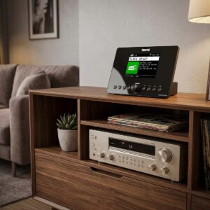 Compacte hybride radio (internet, DAB+, FM-hifituner) met Bluetooth.